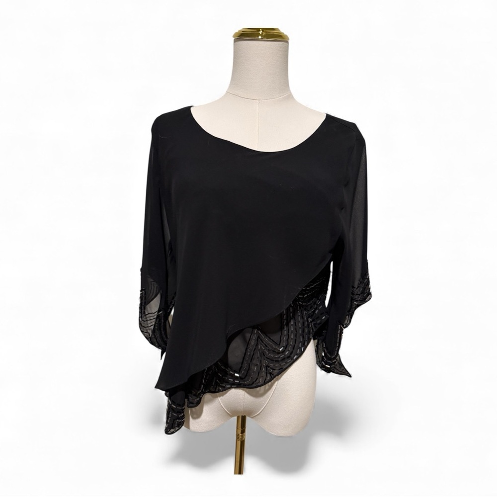🔻Guimarães Vintage 90s Black Beaded Sheer Asymmetric Poncho Top – Size 46 (M/L) - Picture 2 of 5